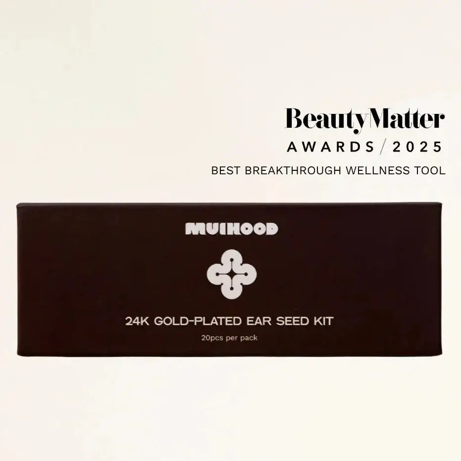 Muihood 24K Gold Plated Ear Seed Kit packaging showcasing BeautyMatter award for best wellness tool.