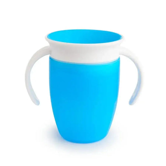 Munchkin Miracle 360° Trainer Cup 7oz in blue with handles, designed for spill-proof drinking for kids.