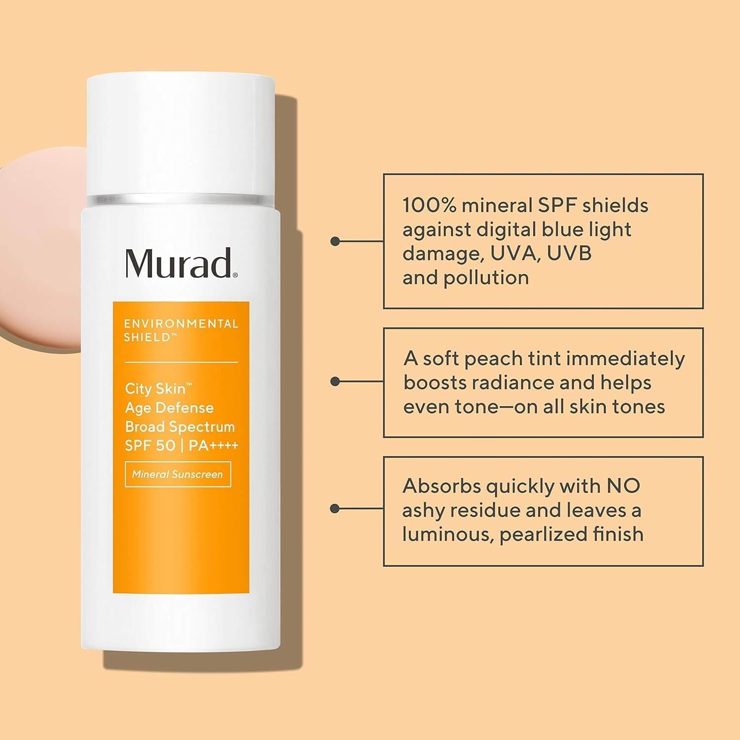 Murad sunscreen bottle with product features on a beige background