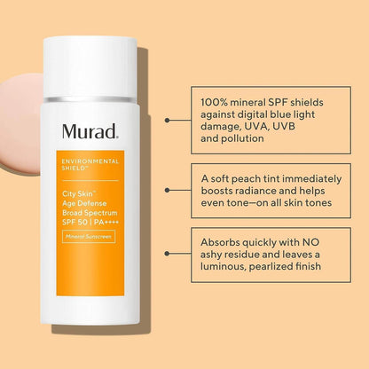 Murad sunscreen bottle with product features on a beige background