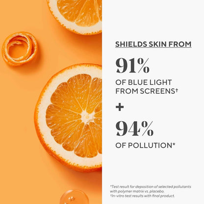 Murad Oranges on an orange background with text about blue light protection and pollution reduction.