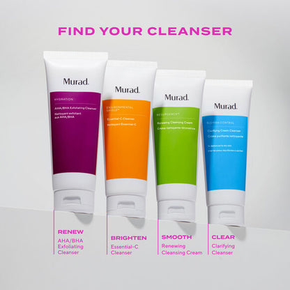 Four Murad skincare cleanser bottles in different colors on a light gray background.