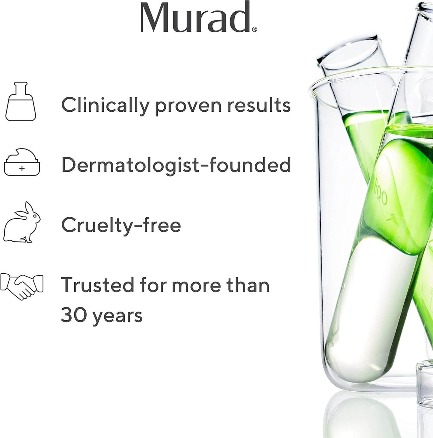 Promotional graphic for Murad skincare with product and certification icons on a white background
