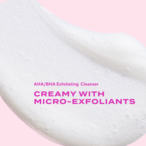 Creamy Murad exfoliating cleanser with text on a pink background