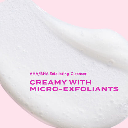Creamy Murad exfoliating cleanser with text on a pink background