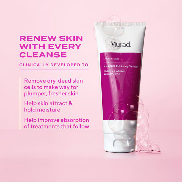 Tube of Murad skincare product on a pink background with text about skin renewal.