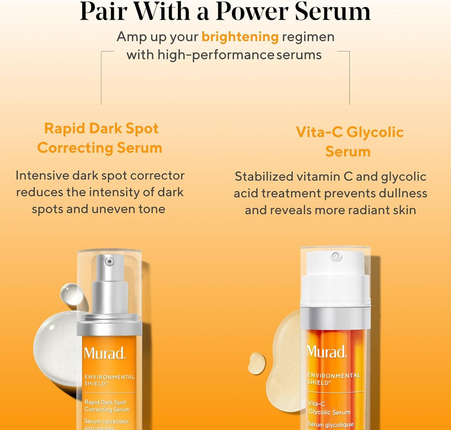 Two Murad skincare serums on a yellow background with text about their benefits.