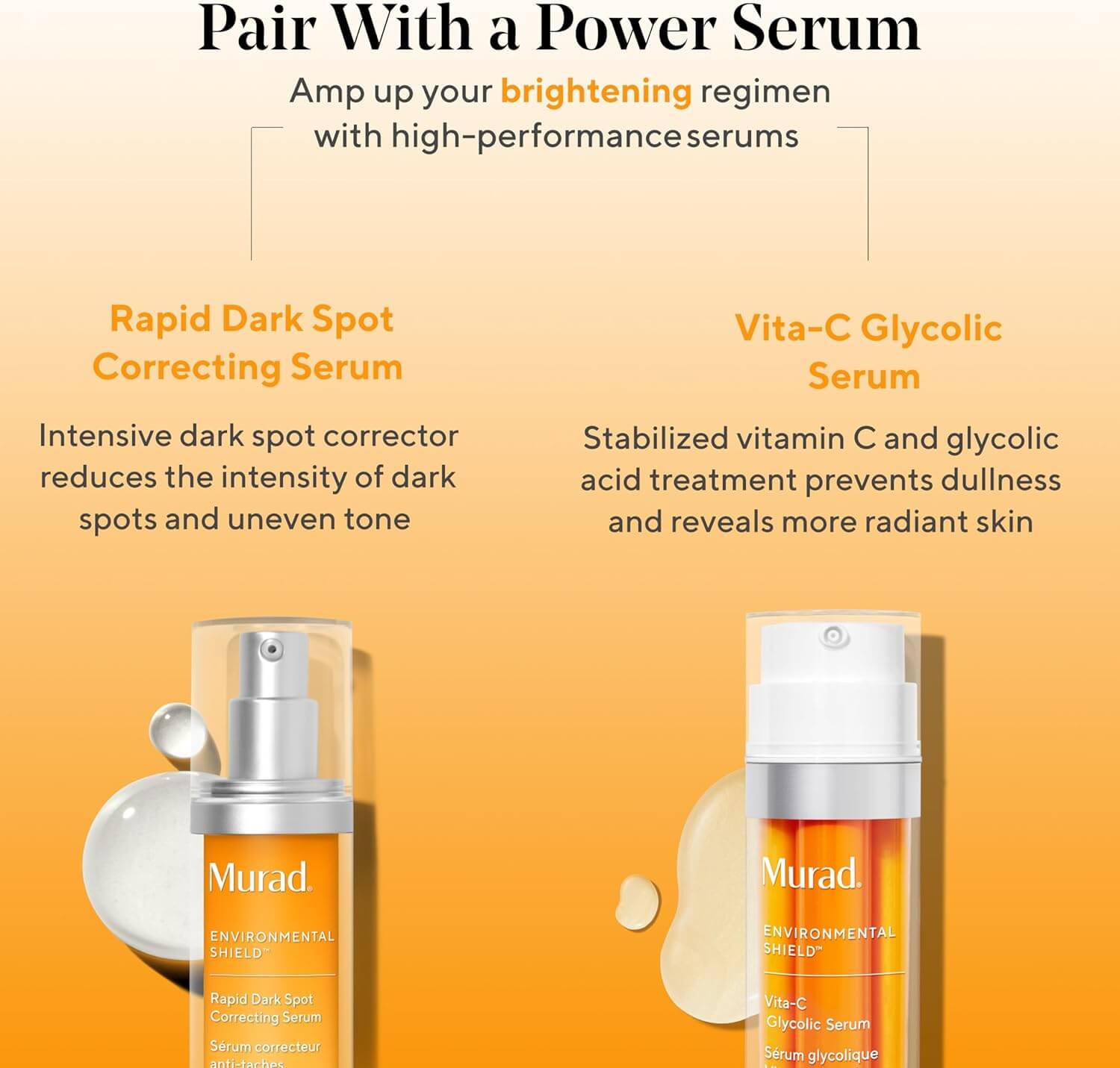 Two Murad skincare serums on a yellow background with text about their benefits.
