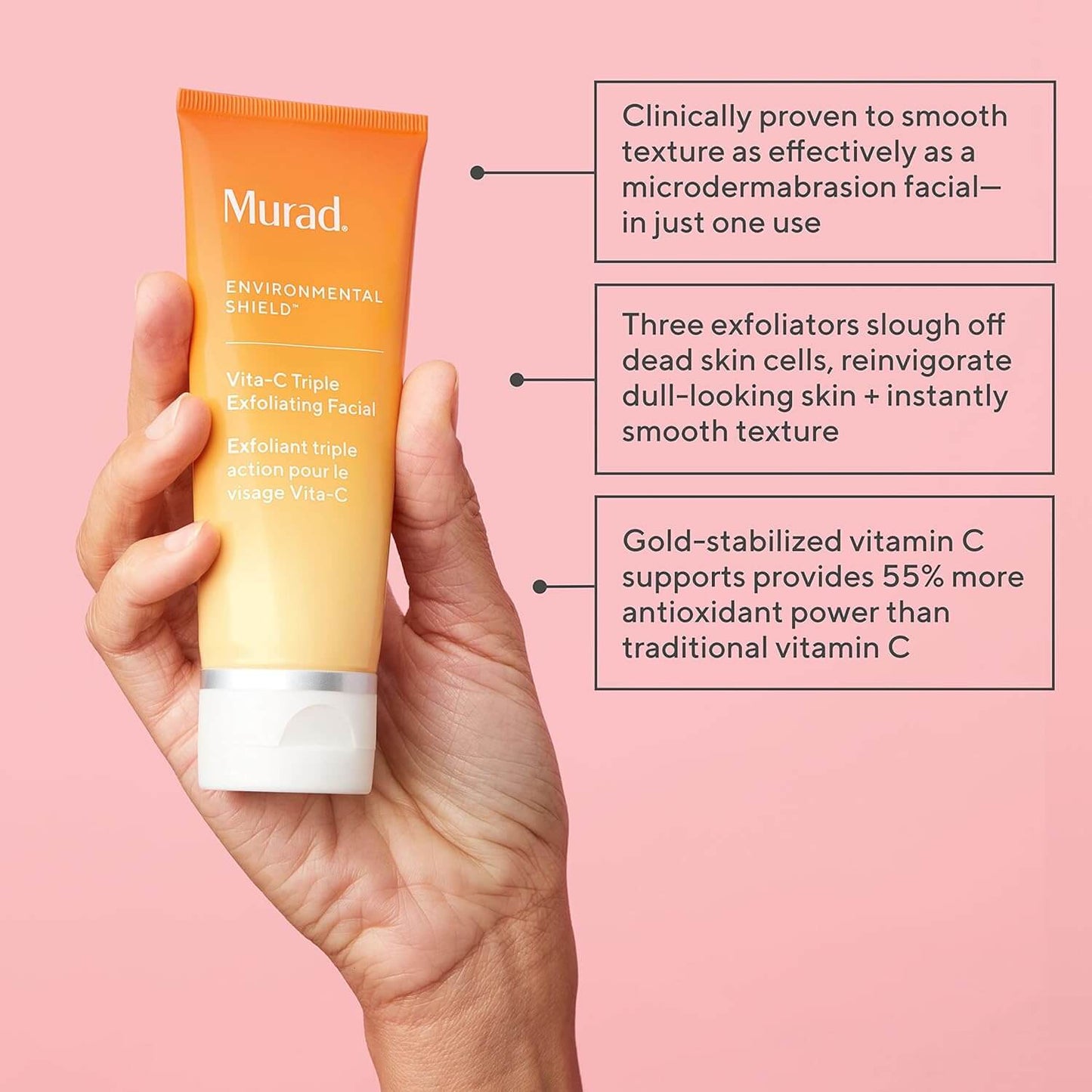 Hand holding a Murad skincare product with text on a pink background