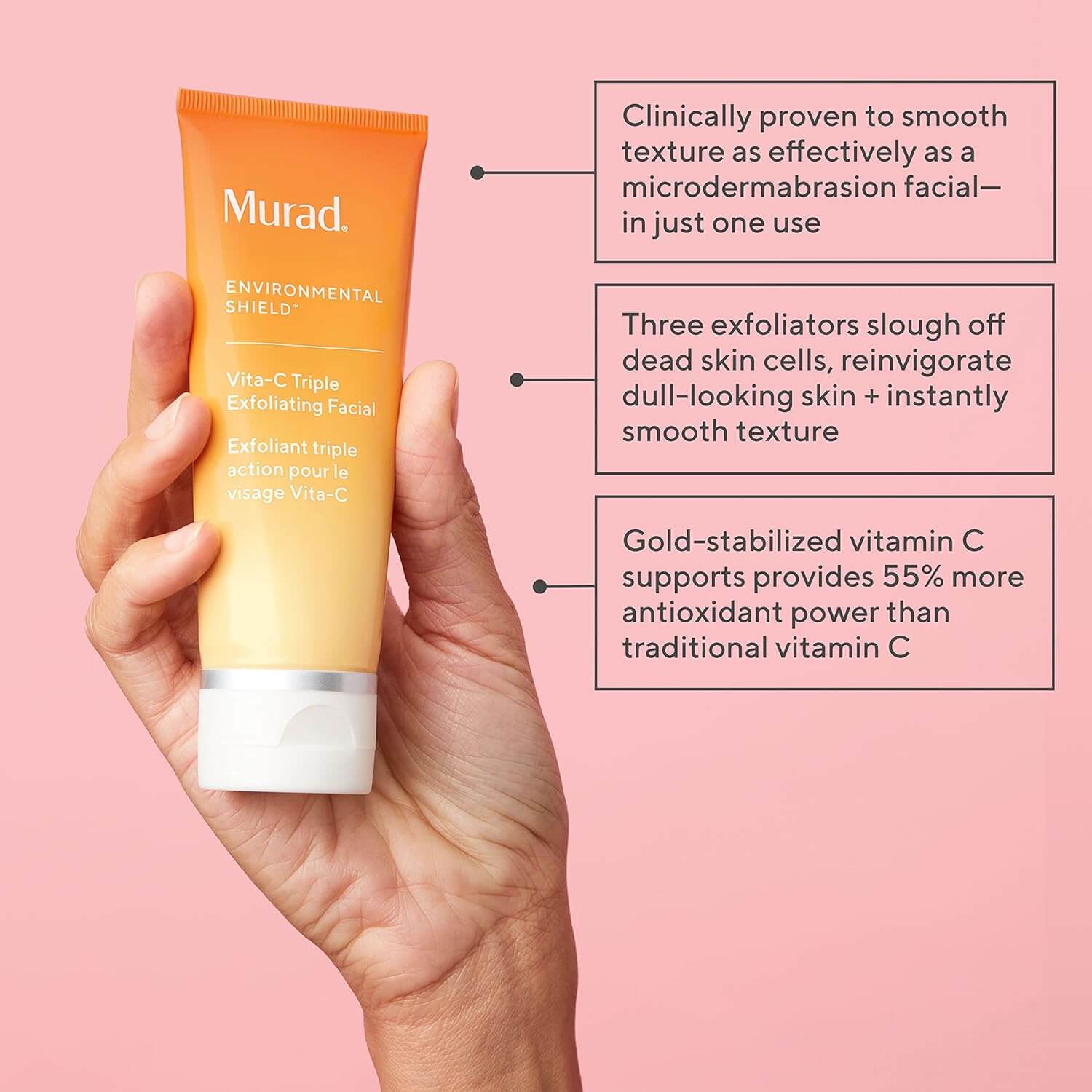 Hand holding a Murad skincare product with text on a pink background