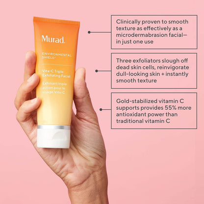 Hand holding a Murad skincare product with text on a pink background