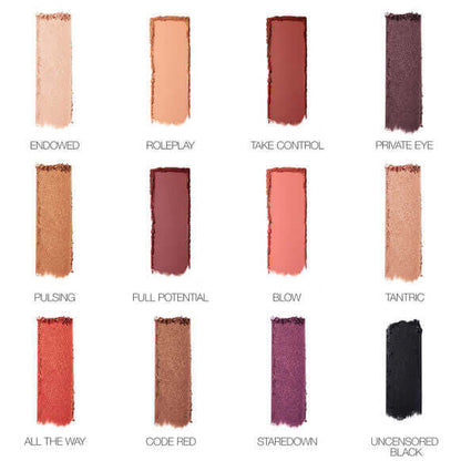 Swatches of NARS Extreme Effects Eyeshadow Palette showcasing 12 vibrant shades with names like Endowed and Code Red.