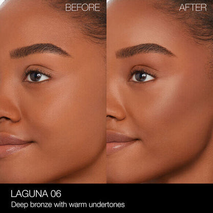 Before and after using NARS Laguna Bronzing Powder showing deep bronze with warm undertones.