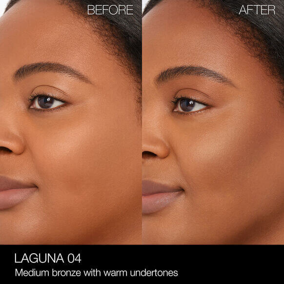 Before and after using NARS Laguna Bronzing Powder showing medium bronze effect with warm undertones.