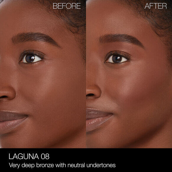 Before and after using NARS Laguna Bronzing Powder, showing a natural sun-kissed glow.