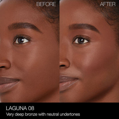 Before and after using NARS Laguna Bronzing Powder, showing a natural sun-kissed glow.