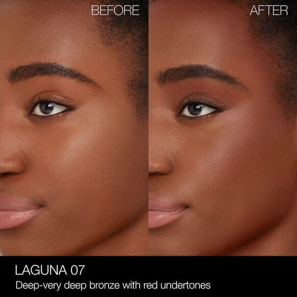 Before and after using NARS Laguna Bronzing Powder, showcasing deep-bronze with red undertones.
