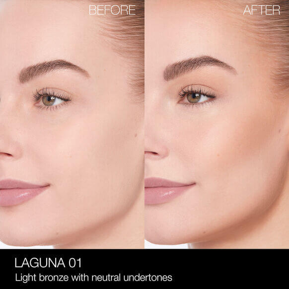 Before and after images showcasing NARS Laguna Bronzing Powder for a natural, sun-kissed glow with light bronze undertones.