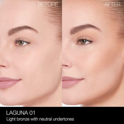 Before and after images showcasing NARS Laguna Bronzing Powder for a natural, sun-kissed glow with light bronze undertones.