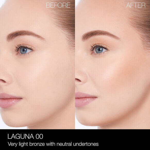 NARS Laguna Bronzing Powder before and after application showing very light bronze with neutral undertones