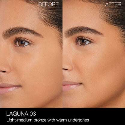 Before and after using NARS Laguna Bronzing Powder, showing light-medium bronze with warm undertones.