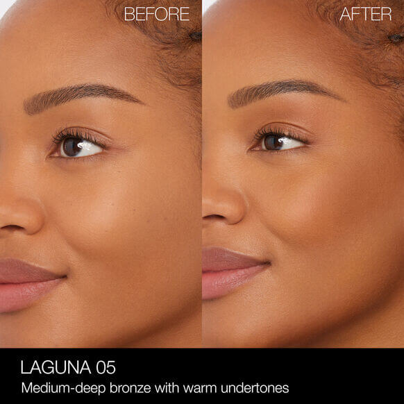 Before and after using NARS Laguna Bronzing Powder showcasing medium-deep bronze with warm undertones.