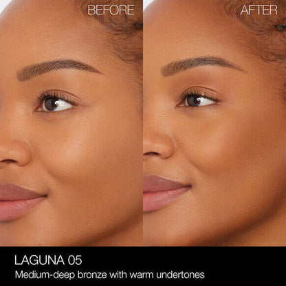 Before and after using NARS Laguna Bronzing Powder showcasing medium-deep bronze with warm undertones.