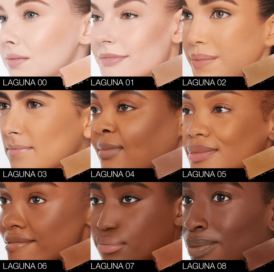 Collage of a woman's face with different skin tone shades labeled Nars 'Laguna 00' to 'Laguna 08'.