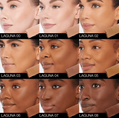 Collage of a woman's face with different skin tone shades labeled Nars 'Laguna 00' to 'Laguna 08'.