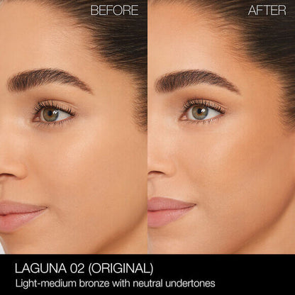 Before and after showcasing NARS Laguna Bronzing Powder on light-medium skin, emphasizing natural glow and neutral undertones.