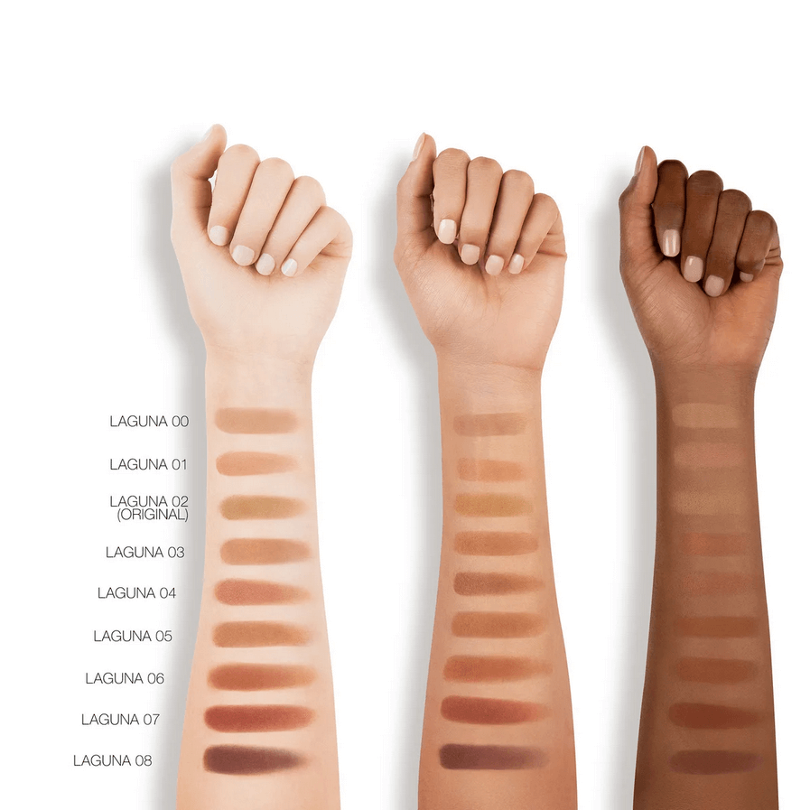 Three hands with different skin tones displaying makeup swatches labeled NARS 'Laguna 00' to 'Laguna 05'.