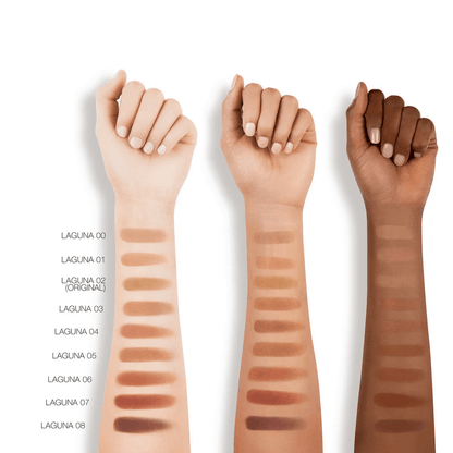 Three hands with different skin tones displaying makeup swatches labeled NARS 'Laguna 00' to 'Laguna 05'.