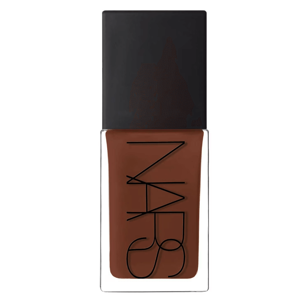 NARS Light Reflecting Foundation 30ml in a sleek glass bottle with a black cap, showcasing a rich brown shade.