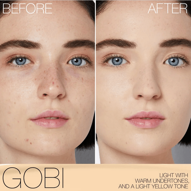 Before and after comparison of NARS Light Reflecting Foundation in Gobi shade, showcasing flawless skin with warm undertones.
