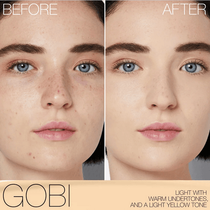 Before and after comparison of NARS Light Reflecting Foundation in Gobi shade, showcasing flawless skin with warm undertones.