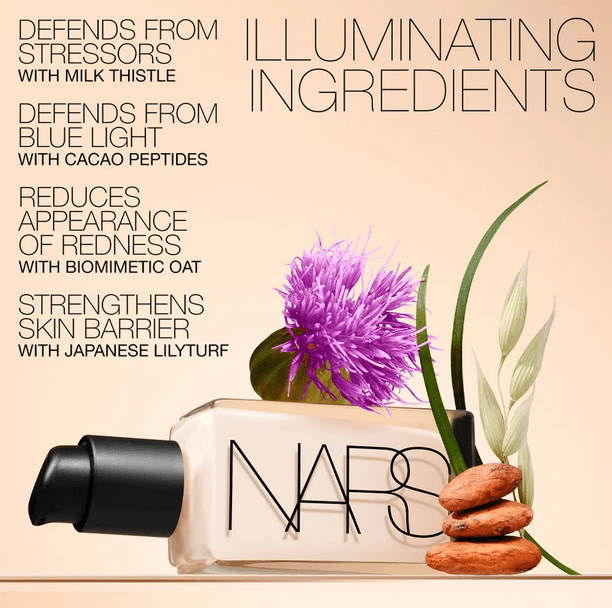 NARS Light Reflecting Foundation with illuminating ingredients for skincare benefits, featuring milk thistle and cacao peptides.
