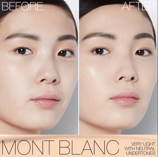 Before and after effect of NARS Light Reflecting Foundation in Mont Blanc, showcasing smooth, luminous skin.