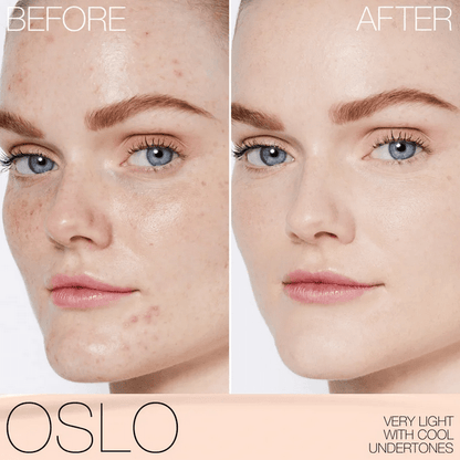 Before and after comparison of NARS Light Reflecting Foundation in Oslo, showcasing improved skin tone and coverage.