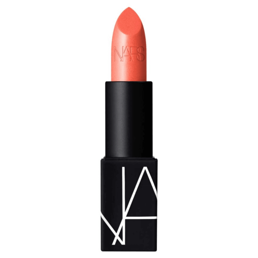 NARS Lipstick in Orgasm shade with rich satin finish in sleek black packaging.