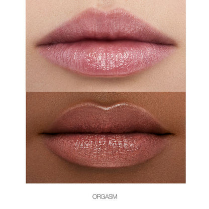 NARS Two sets of lips with different lip gloss shades on a beige background, labeled 'ORGASM'.