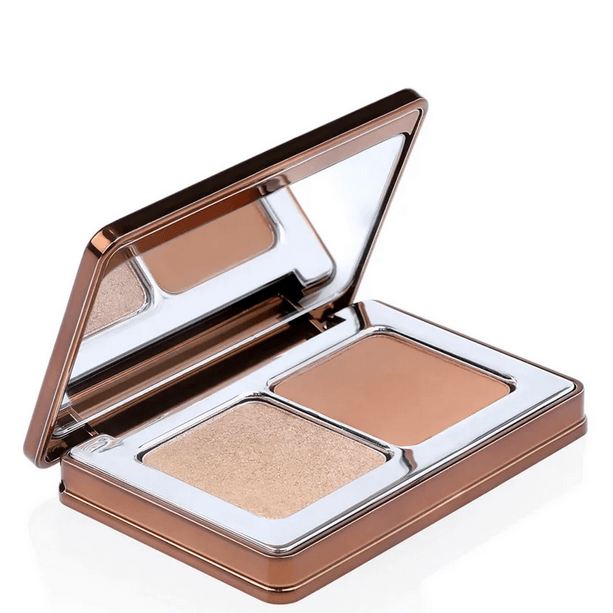 Natasha Denona Mini Bronze & Glow compact open showing bronzer and highlighter for radiant makeup looks.