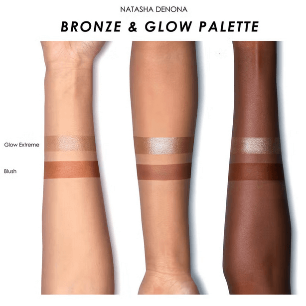 Swatches of Natasha Denona Mini Bronze & Glow palette showing Glow Extreme and Blush on different skin tones.