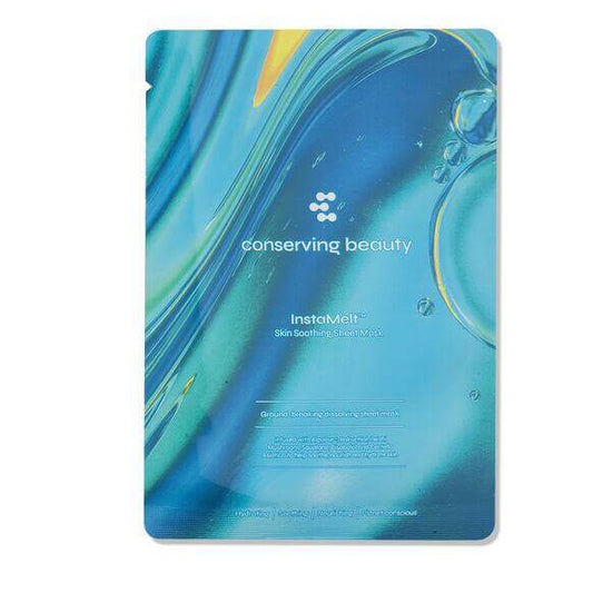 Conserving Beauty InstaMelt Skin Soothing Sheet Mask packaging with vibrant blue design for brightening and soothing skin.