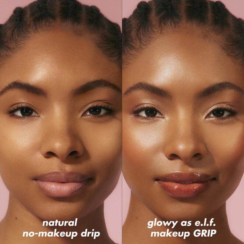 Before and after results of e.l.f Power Grip Primer, showcasing natural vs glowy makeup finish.