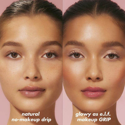Comparison of skin looks: natural no-makeup on left, glowing e.l.f. makeup on right, showcasing e.l.f Power Grip Primer effects.