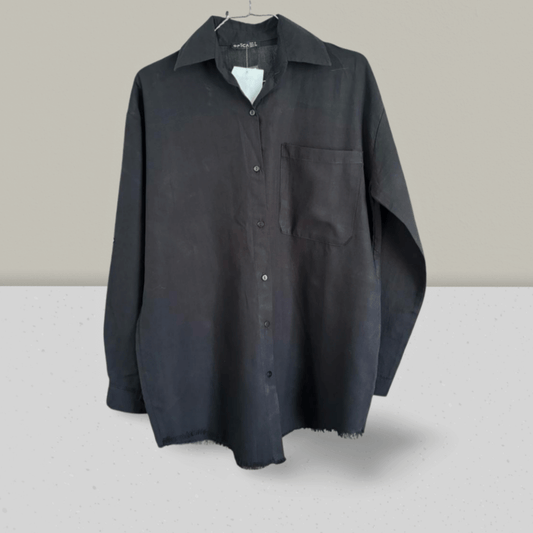 NED Black Linen Shirt, lightweight, breathable black linen shirt with pocket and relaxed fit for stylish casual wear.