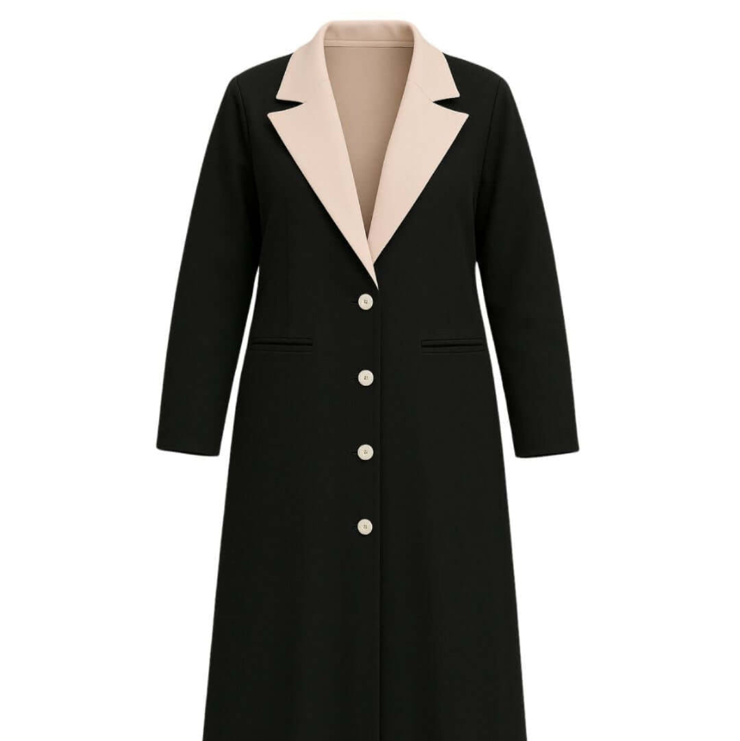 NED Contrast Collar Blazer Abaya featuring a black body with a light pink collar and classic button detailing.