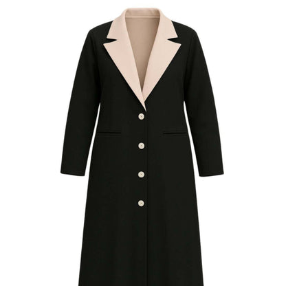 NED Contrast Collar Blazer Abaya featuring a black body with a light pink collar and classic button detailing.