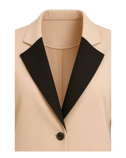 Close-up of the NED Contrast Collar Blazer Abaya showing black contrast collar and button detail over beige fabric.