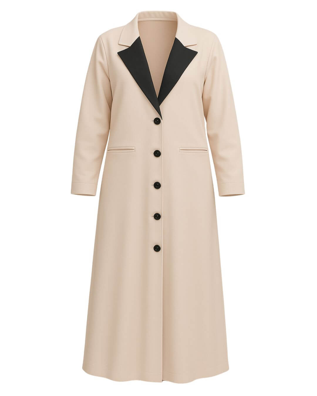 NED Contrast Collar Blazer Abaya in beige with black collar and buttons, stylish modestwear for modern elegance.